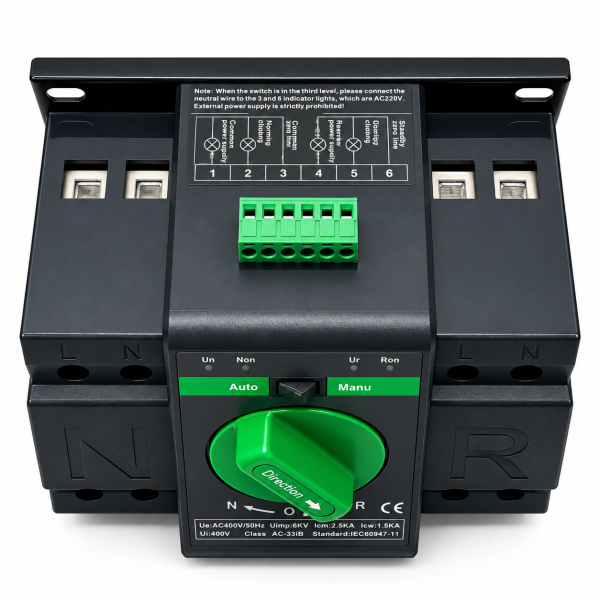 Comutator de transfer automat monofazic 2P retea sau sursa auxiliara ATS clasa PC 220V 63A negru
