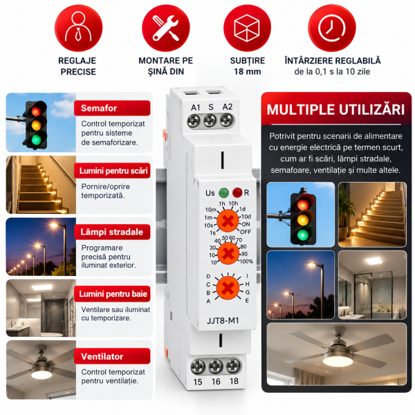 JJ T8-M1 Timer pentru multiple utilizări Releu de timp multifunctional, 10 functii, 0.1s–10 zile, AC 230V, NOENNO