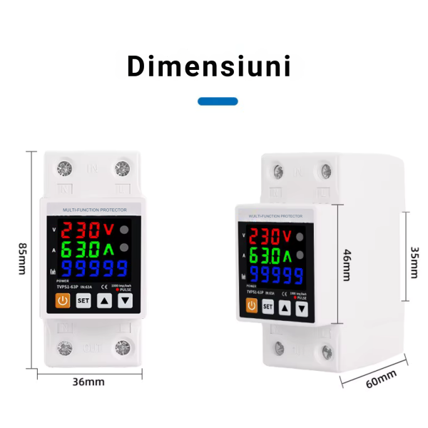 MULTI-FUNCTION PROTECTOR Releu protector inteligent tensiune si curent cu contor energie kWh NOENNO, reglabil 63A, afisaj digital