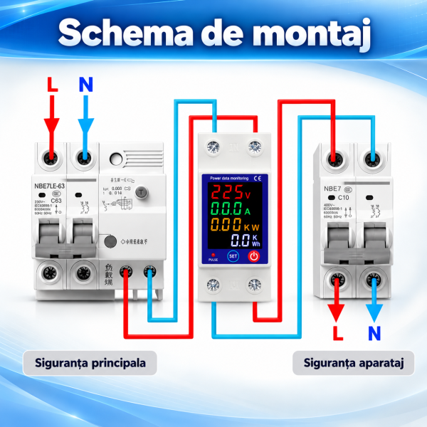 Releu monofazat si contor de energie cu afisaj color NOENNO, 230V/1-63A, reglabil, digital cu multiple protectii