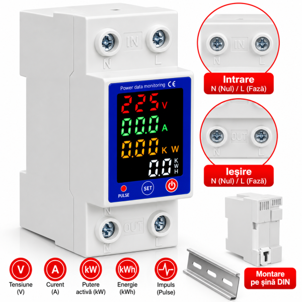 Releu monofazat si contor de energie cu afisaj color NOENNO, 230V/1-63A, reglabil, digital cu multiple protectii