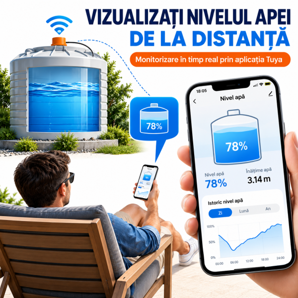 Monitorizarea Inteligentă a Nivelului Apei Senzor nivel apa inteligent Tuya cu ultrasunete, wifi, masurare lichid pana la 4 metri, automatizare pompe
