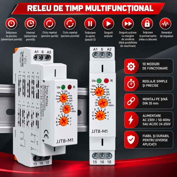 Multifuncțional Time Relay – Infografic Modern Releu de timp multifunctional, 10 functii, 0.1s–10 zile, AC 230V, NOENNO