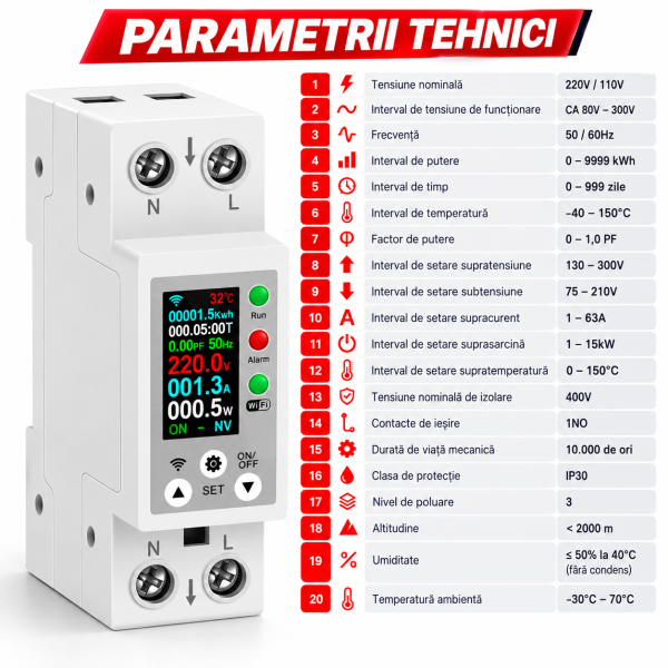 Parametrii tehnici ai releului inteligent Contor electric si releu de protectie WIFI 40A cu afisaj color, protectie tensiune si curent NOENNO