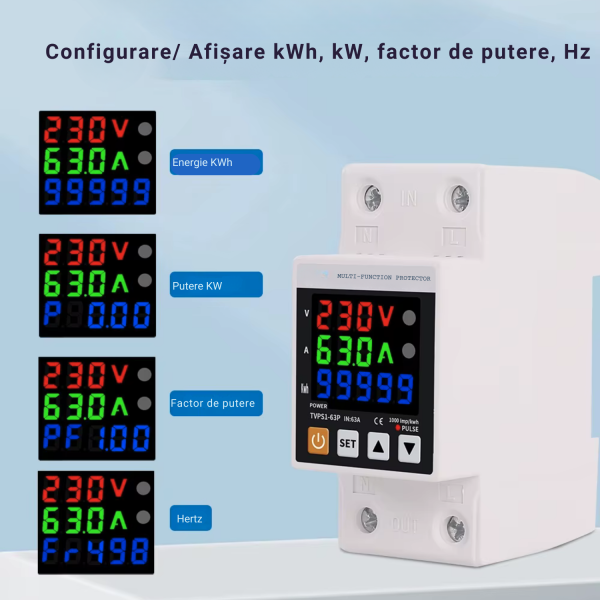 Power KW Releu protector inteligent tensiune si curent cu contor energie kWh NOENNO, reglabil 63A, afisaj digital