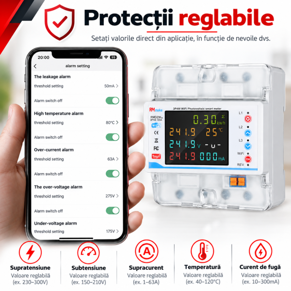 Protecții reglabile pentru energie inteligentă Contor de energie smart TUYA, bidirectional, trifazic 3P+N, pentru panouri fotovoltaice 100A