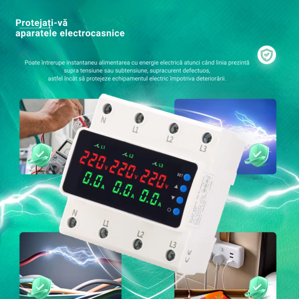 Protejați-vă aparatele electrocasnice (1500 x 1500 px) Releu de protectie trifazat 3P+N NOENNO, afisaj digital color, supratensiune/ subtensiune/ supracurent, 63A