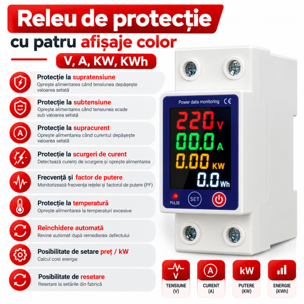 Releu monofazat si contor de energie cu afisaj color NOENNO, 230V/1-63A, reglabil, digital cu multiple protectii