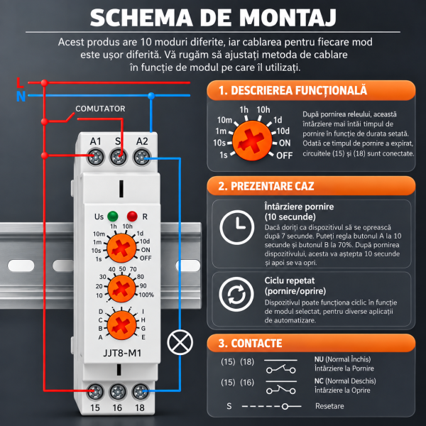 Schema de Montaj JJTB-M1 Releu de timp multifunctional, 10 functii, 0.1s–10 zile, AC 230V, NOENNO