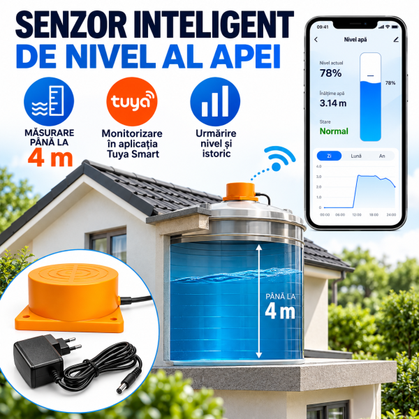 Senzor inteligent pentru nivelul apei Senzor nivel apa inteligent Tuya cu ultrasunete, wifi, masurare lichid pana la 4 metri, automatizare pompe