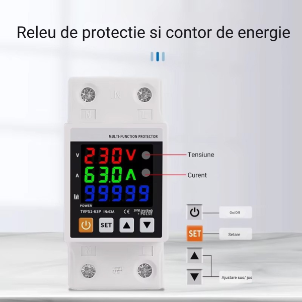 Setare Releu protector inteligent tensiune si curent cu contor energie kWh NOENNO, reglabil 63A, afisaj digital
