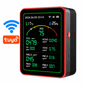 Smart Air Quality Monitor with Wi‑Fi and Tuya Monitor calitate aer 15-in-1 NOENNO WiFi, afisaj color, senzori CO2, TVOC, HCHO formaldehida, temperatura si umiditate, reincarcabil usb, Tuya