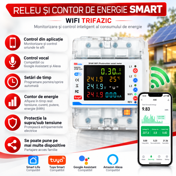 Smart Three-Phase Energy Monitoring System Contor de energie smart TUYA, bidirectional, trifazic 3P+N, pentru panouri fotovoltaice 100A