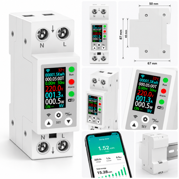 White DIN-Rail Smart Energy Meter Collage Contor electric si releu de protectie WIFI 40A cu afisaj color, protectie tensiune si curent NOENNO