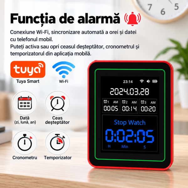 Monitor calitate aer 15-in-1 NOENNO WiFi, afisaj color, senzori CO2, TVOC, HCHO formaldehida, temperatura si umiditate, reincarcabil usb, Tuya